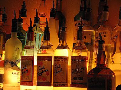 Illuminated vodka bottles at Cafe Citron